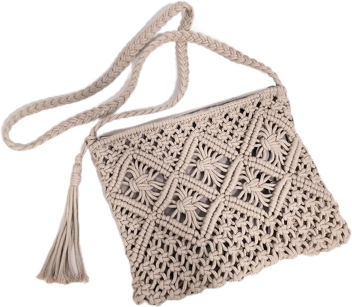 Handmade Crochet Purse Boho Cotton Rope Crossbody Shoulder Bag with Tassel Casual Bag for Women