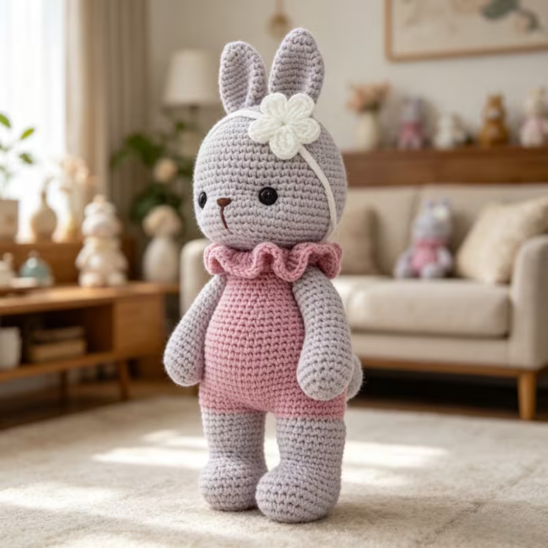 1pc Cute Bunny Crochet Kit for Beginners, Complete Amigurumi Rabbit Plush Doll Craft Set with All Materials, Yarn, Tools & Step-by-Step Instructions, Handmade Knitted Bunny with Flower Headband, Perfect Gift for Kids, Rabbit Lovers, Home Decor