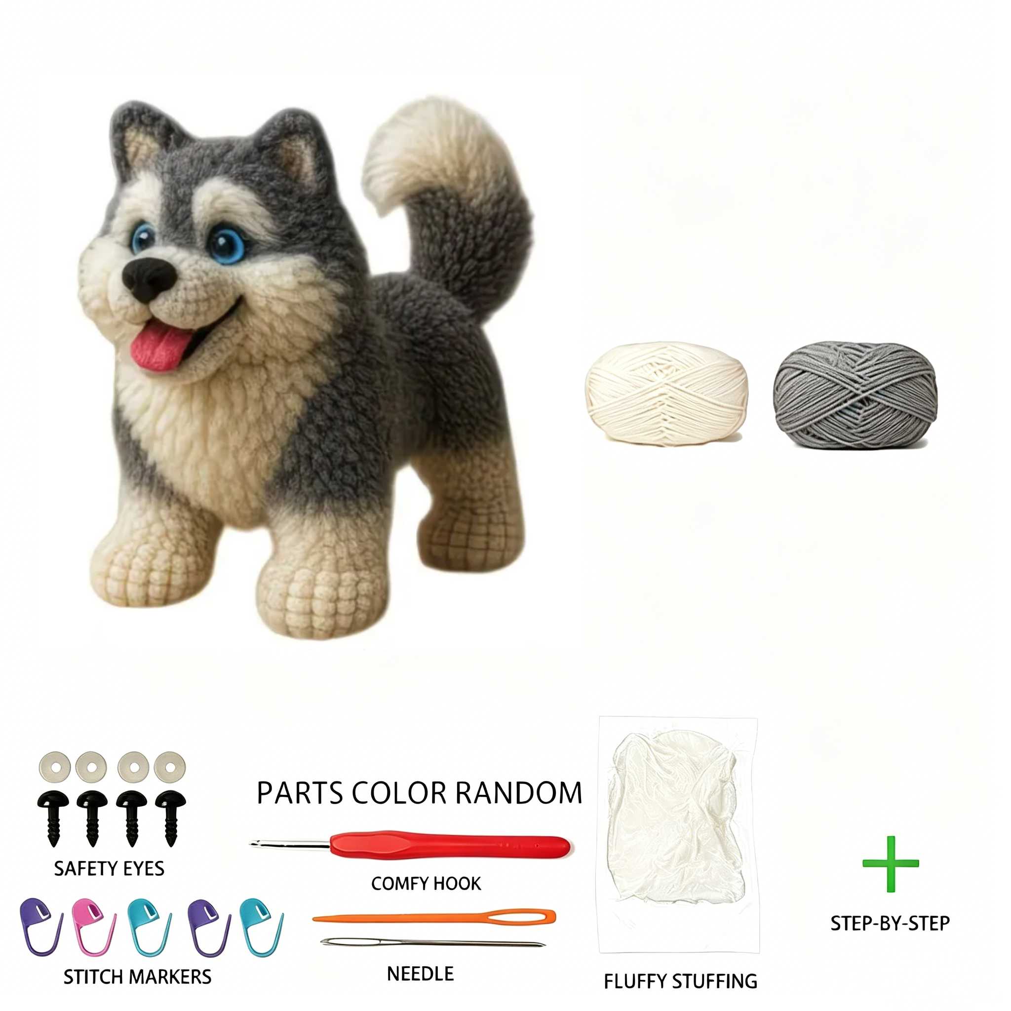 Husky Crochet Plush Kit for Beginners | DIY Amigurumi Stuffed Animal Set with Yarn, Hook & Step-by-Step Tutorial | Cute Handmade Gift for Dog Lovers