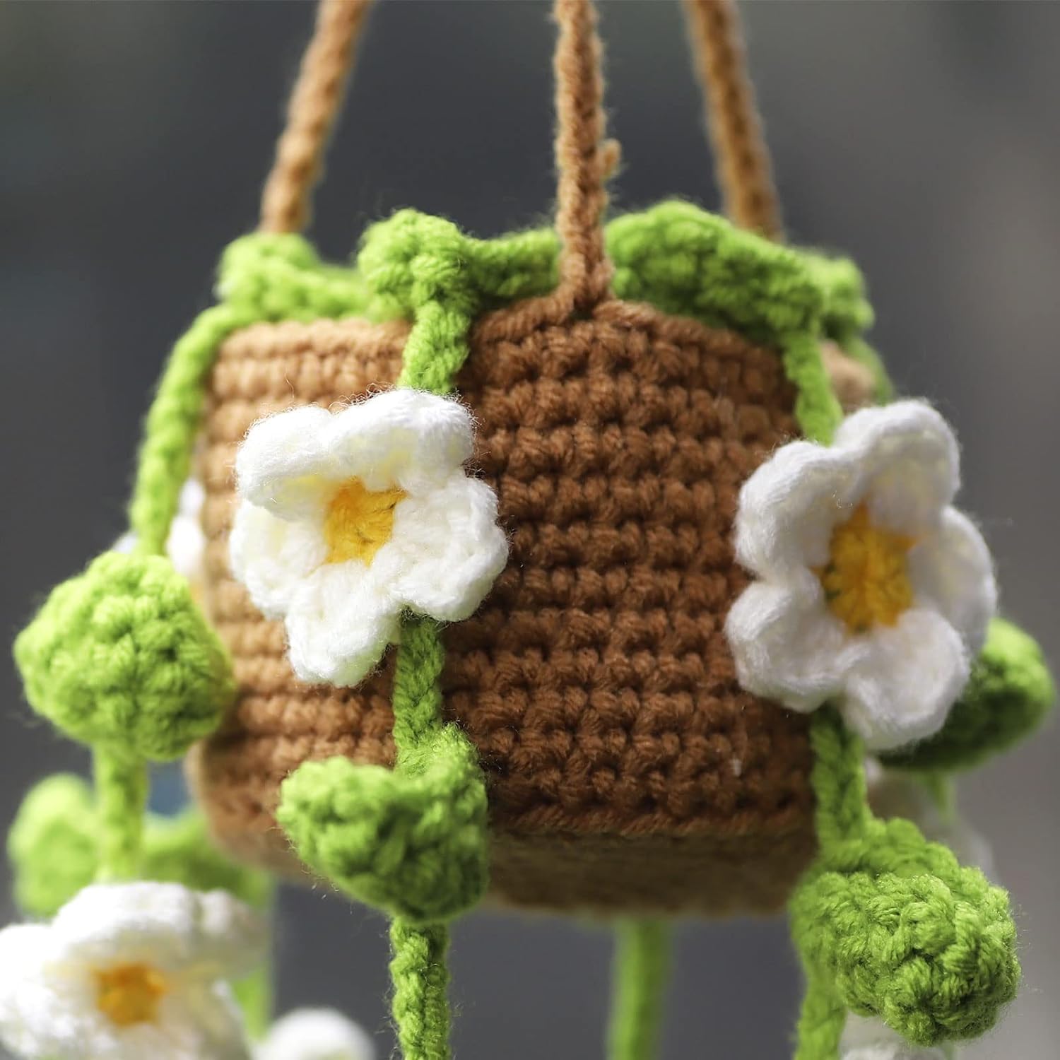 Crochet Potted Plants Car Mirror Hanging Accessories, Cute Car Decorations for Women Men, Handmade Knitted Rearview Mirror Accessories Home Crochet Plant Decor Gifts
