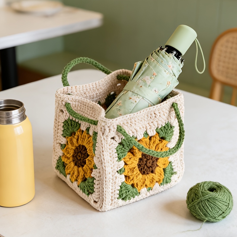 Complete DIY Crochet Sunflower Handbag Craft Kit Suitable for Women's Handmade Making with Yarn, Hook & Buttons - - Crochet Book/Video Tutorial Guide, English Instructions for Adult Beginners, Birthday Gift (No Finished Product)