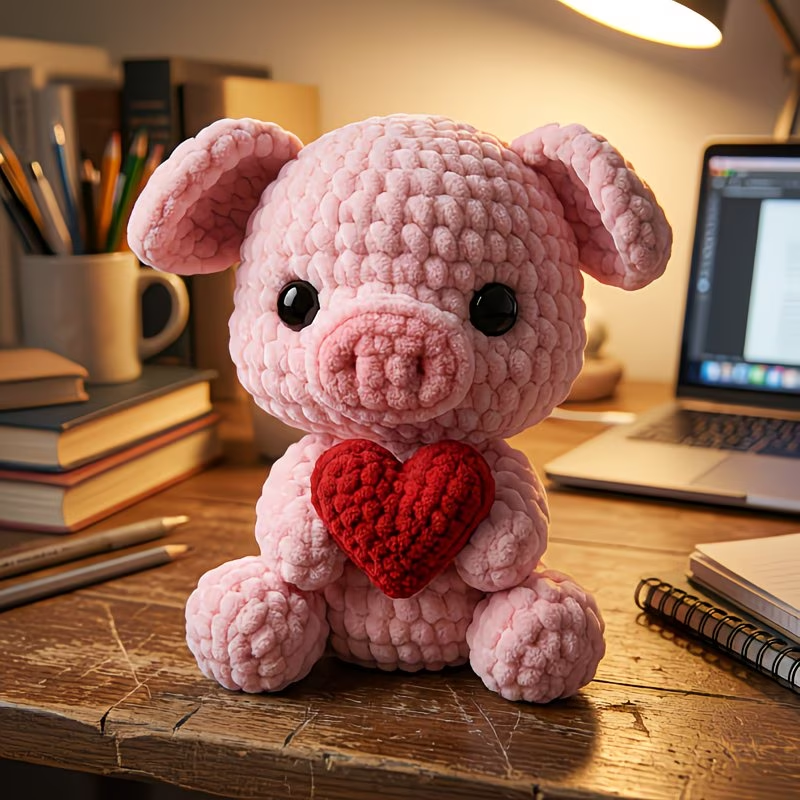 Cute Heart Pig Crochet Plush Kit for Beginners | DIY Amigurumi Stuffed Animal Set with Yarn, Hook & Step-by-Step Tutorial | Sweet Handmade Gift for Pig Lovers
