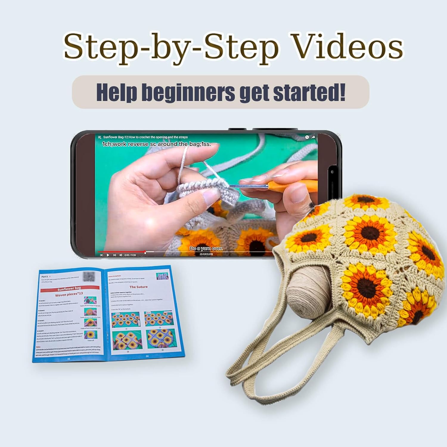 Crochet kit for Beginners Sunflower Tote Bag Granny Square Crochet Tote Bag with Step-by-Step Video Tutorials Knitting Kit Beginner Crochet Kit for Adults