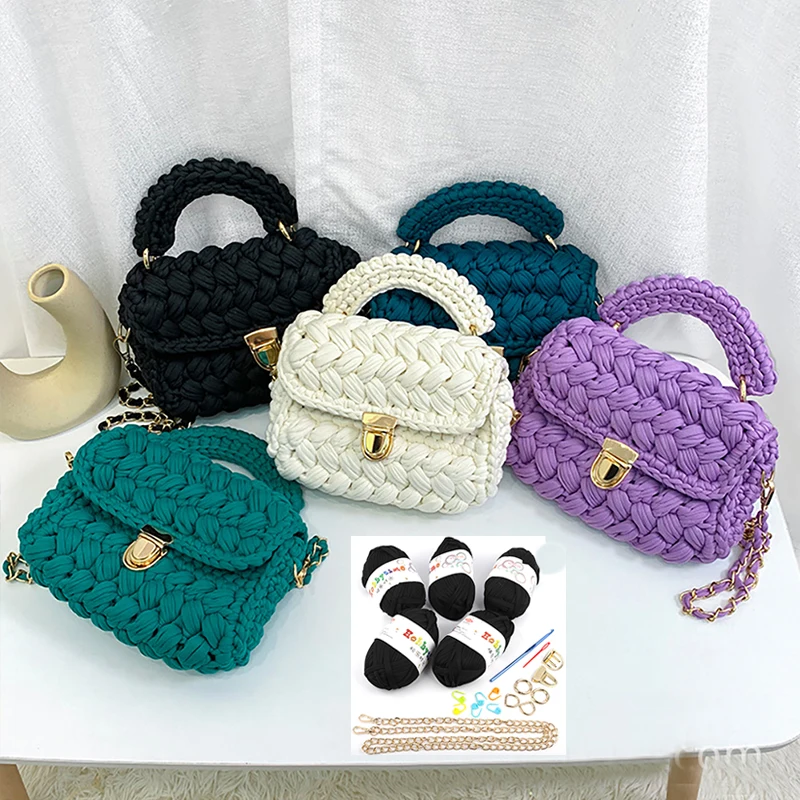 DIY Hand Crochet Bag Materials Kit Handmade Bag Shoulder Bags Weave Handbag Knitting Yarn Cloth Fabric Set Small Flip Wallet