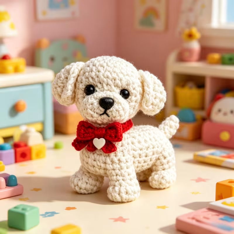 1pc Cute Puppy Crochet Kit for Beginners, Complete DIY Amigurumi Set with Yarn, Tools & Tutorial, Handmade Knitted White Dog with Red Bow, Perfect Gift for Kids & Adults, Easy to Start Crochet Project for Craft Lovers