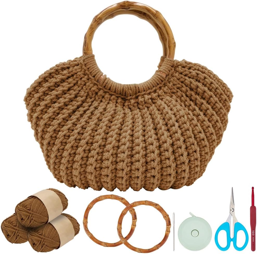 Crochet Bag Kit for Adults Caramel Colored Handbag Crochet Kit for Beginners Knitting Purse Starters Set DIY Craft Making Kit with Step-by-Step Instructions and Video Guidance