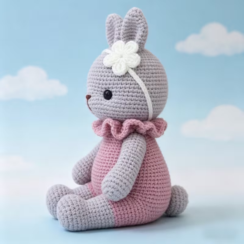 1pc Cute Bunny Crochet Kit for Beginners, Complete Amigurumi Rabbit Plush Doll Craft Set with All Materials, Yarn, Tools & Step-by-Step Instructions, Handmade Knitted Bunny with Flower Headband, Perfect Gift for Kids, Rabbit Lovers, Home Decor