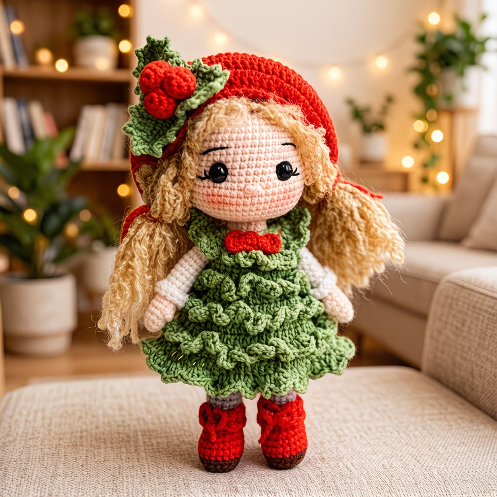 Christmas Girl Crochet Plush Kit for Beginners | DIY Amigurumi Holiday Doll Set with Yarn, Hook & Step-by-Step Tutorial | Cute Handmade Gift for Festive Lovers