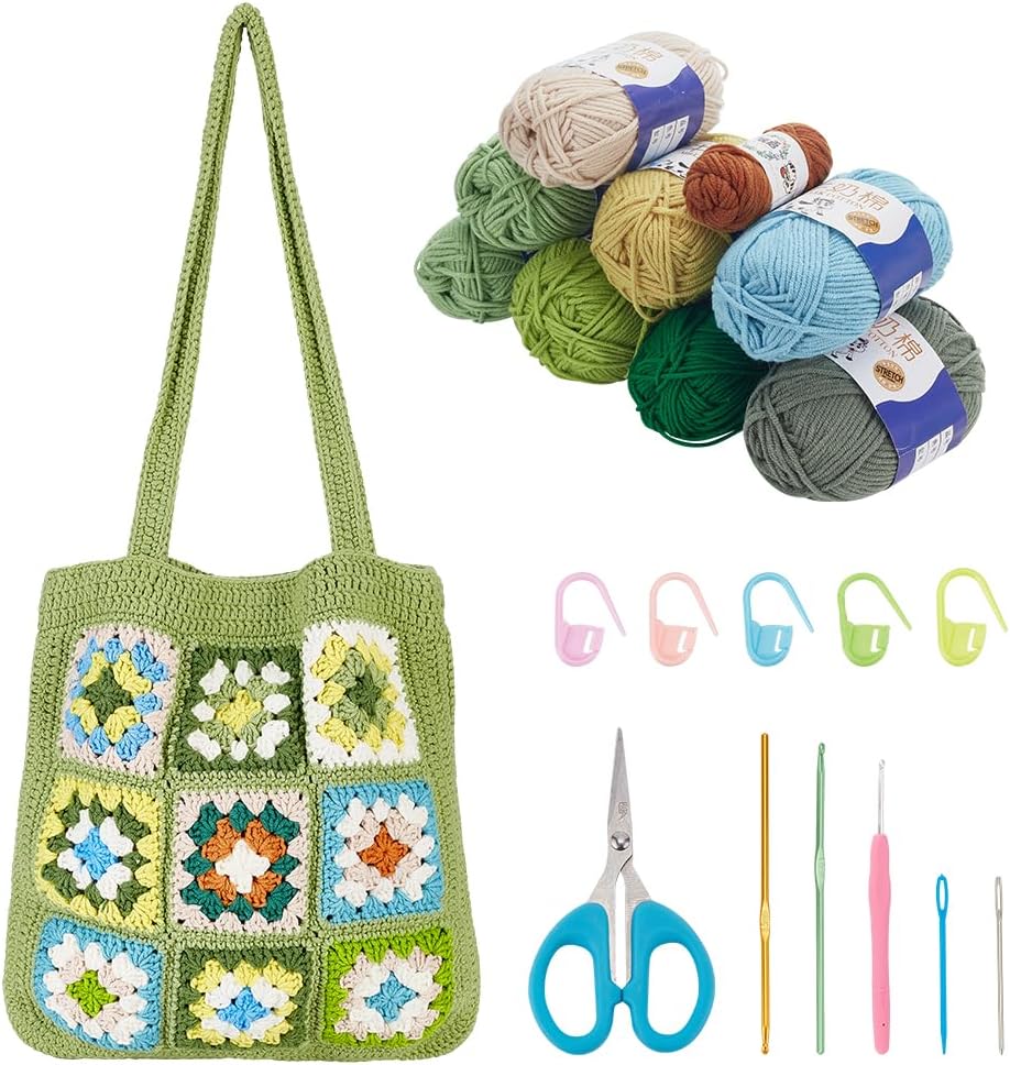 DIY Crochet Tote Bag Kit for Adults, Green Granny Square Shoulder Bag Set for Starter, Complete Accessories Tools to Make a Bag with Instruction and Video-Hookcrafted