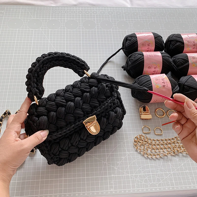 DIY Hand Crochet Bag Materials Kit Handmade Bag Shoulder Bags Weave Handbag Knitting Yarn Cloth Fabric Set Small Flip Wallet