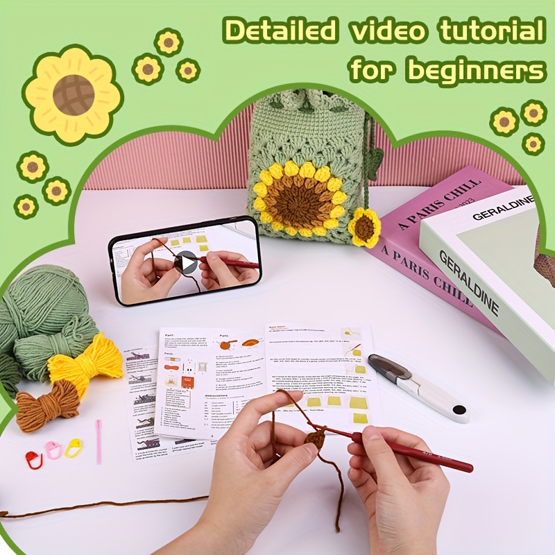 Crochet Kit for Beginners - Phone Bag Crochet Starter Kit with Video Tutorials And Yarns, Hook, Additions for Adult Knitting Craft (Random Colors)
