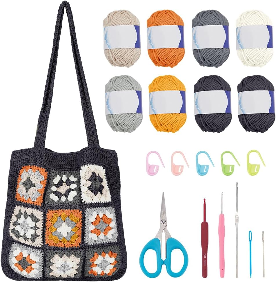 DIY Crochet Tote Bag Kit for Adults, Green Granny Square Shoulder Bag Set for Starter, Complete Accessories Tools to Make a Bag with Instruction and Video-Hookcrafted