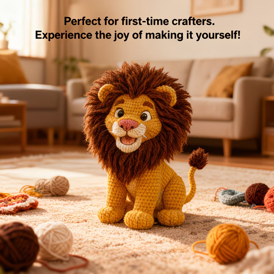 Lion Crochet Kit for Beginners – DIY Amigurumi Lion Set with Yarn, Hook & Step-by-Step Video Tutorial, Easy Knitting Kit for Handmade Craft Lovers