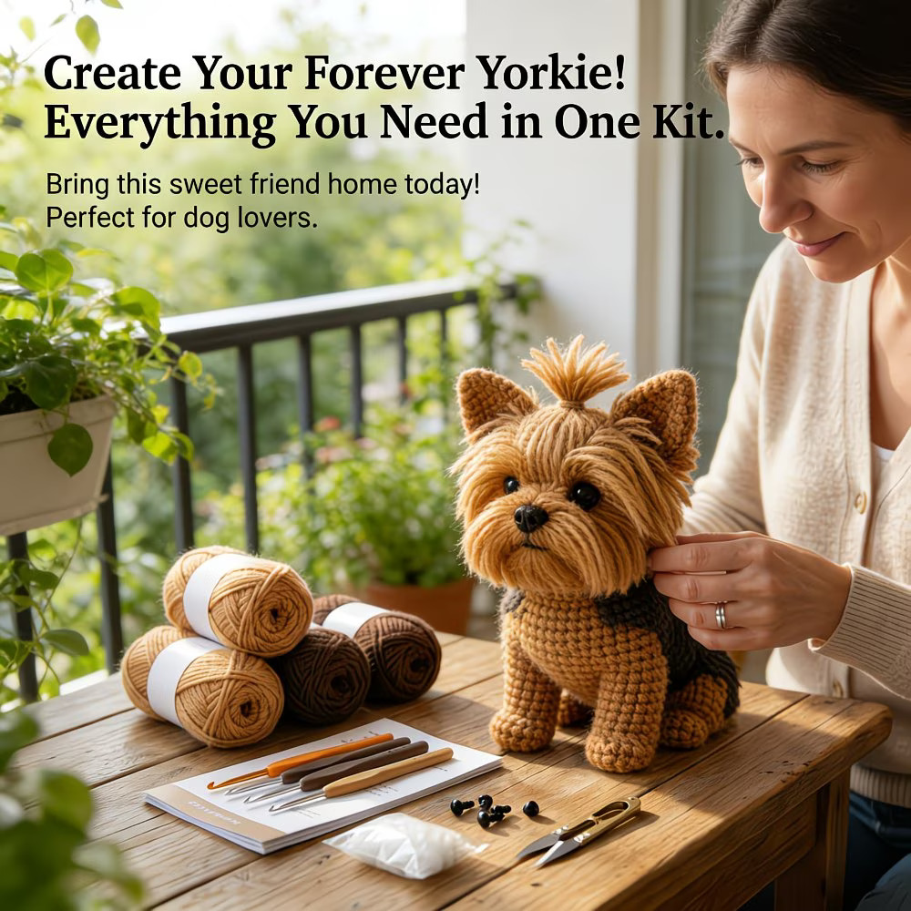 1pc Golden Yorkie Crochet Kit  Beginner'S Amigurumi With Yarn, Hook & Video Instructions Included, All Seasons, Fabric, Mixed Color - An Unmissable Adult Crochet Project With Step-By-Step Video Tutorials And Basic English Instruction Manual
