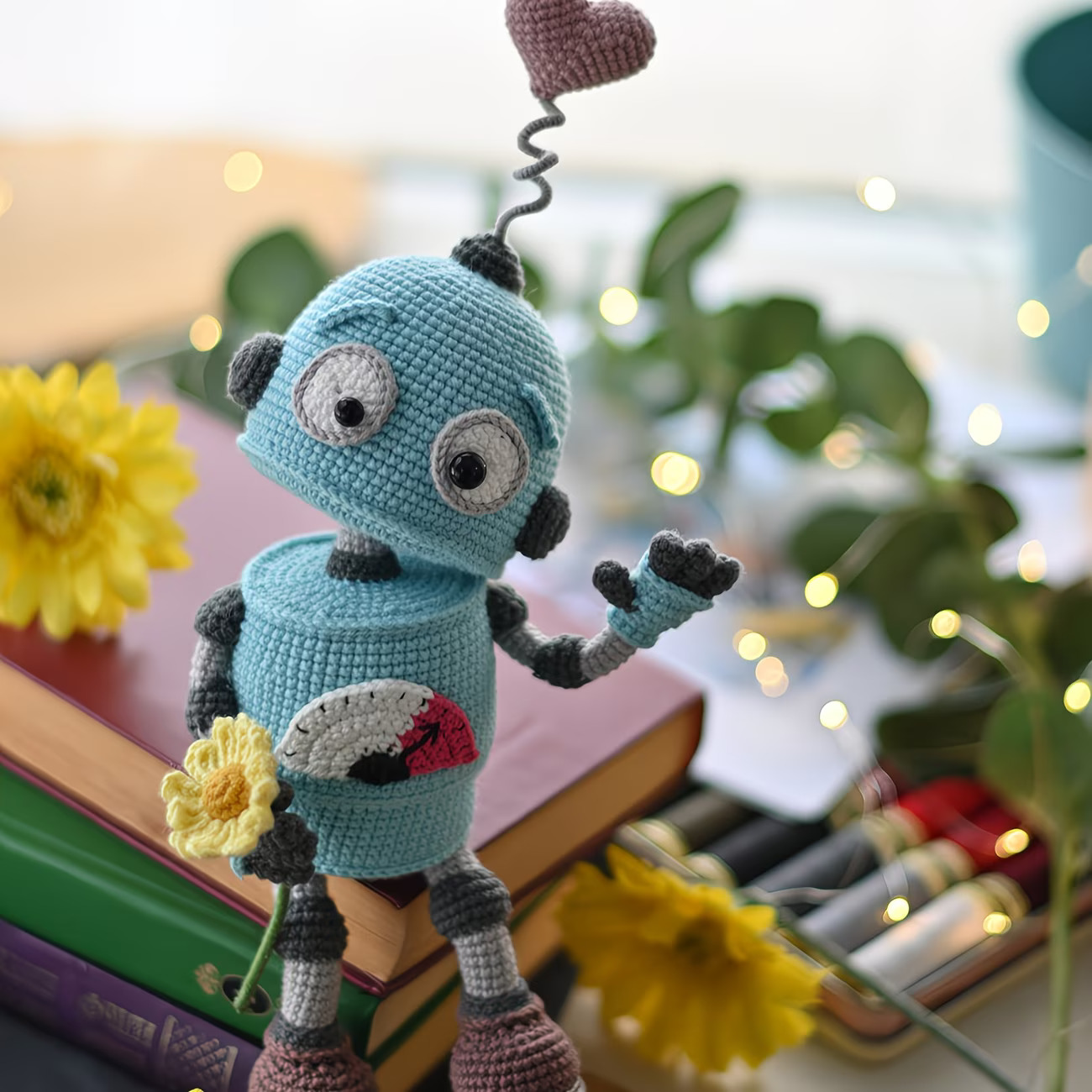 Heart Antenna Robot Crochet Kit – Beginner Amigurumi DIY Set with Yarn & Instructions for Keychains & Gifts