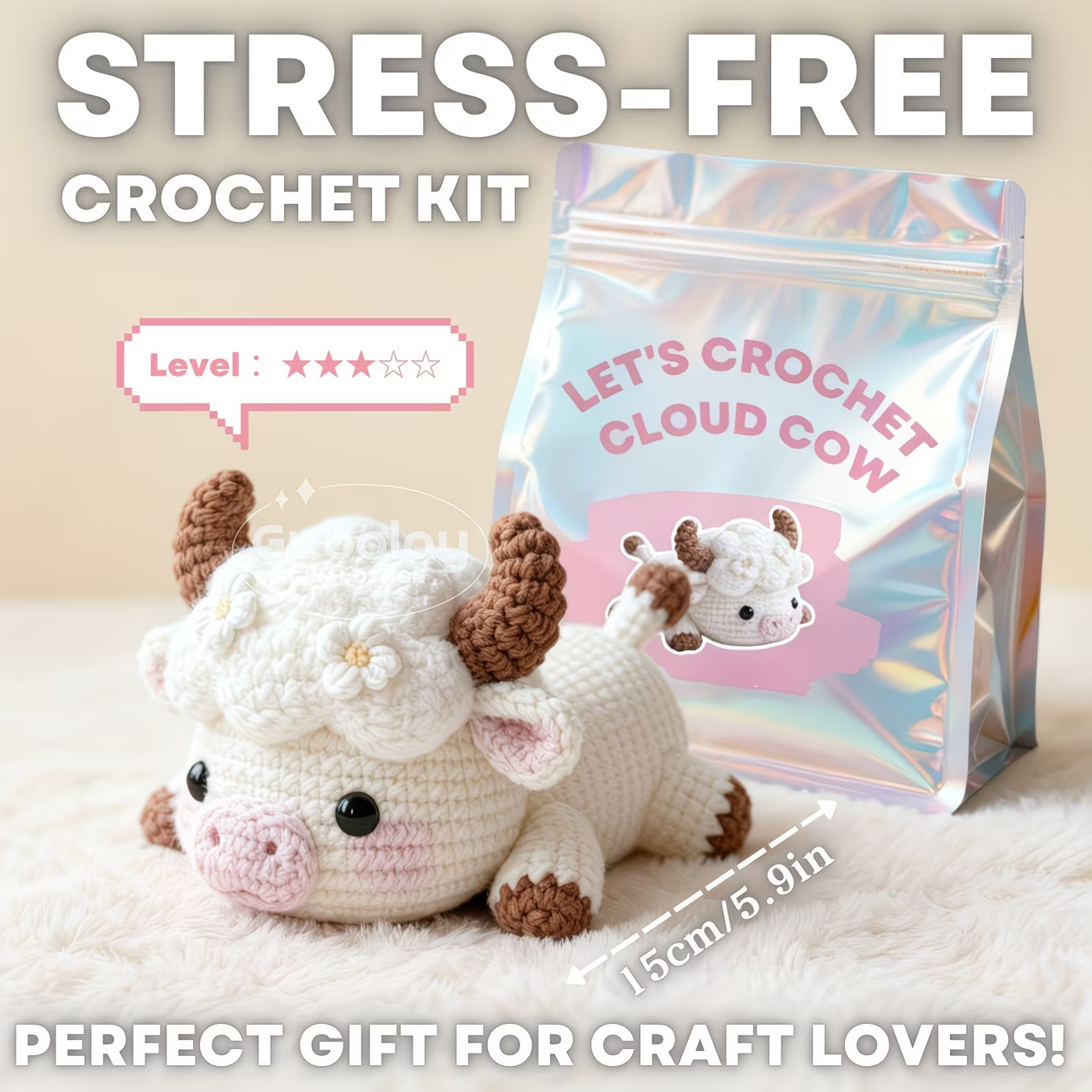 Cloud Cow Crochet Plush Kit for Beginners | DIY Amigurumi Stuffed Animal Set with Yarn, Hook & Step-by-Step Tutorial | Cute Handmade Gift for Craft Lovers