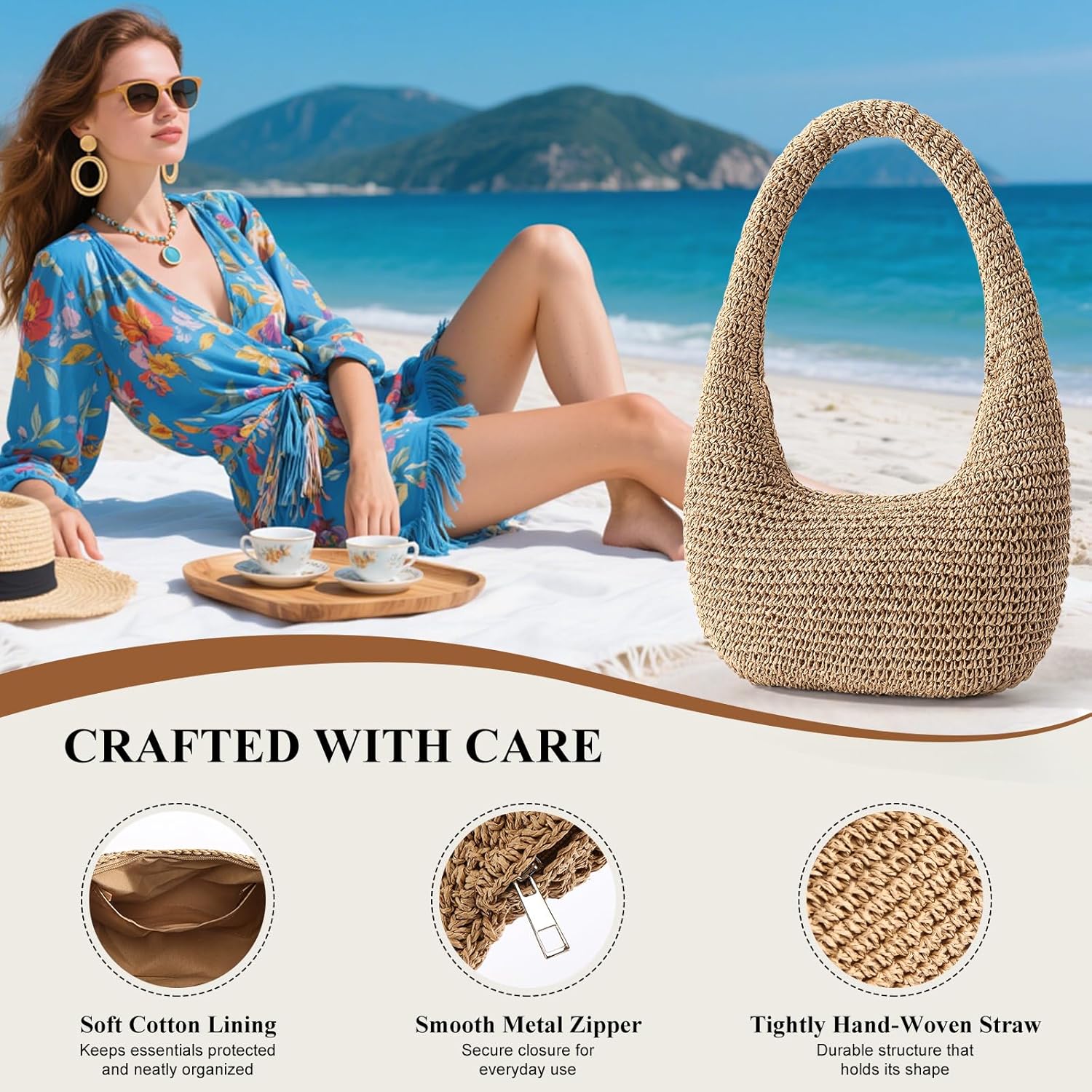 Straw Beach Bag for Women, Summer Tote Bag for Vacation, Hobo Shoulder Bag for Beach Wedding Travel