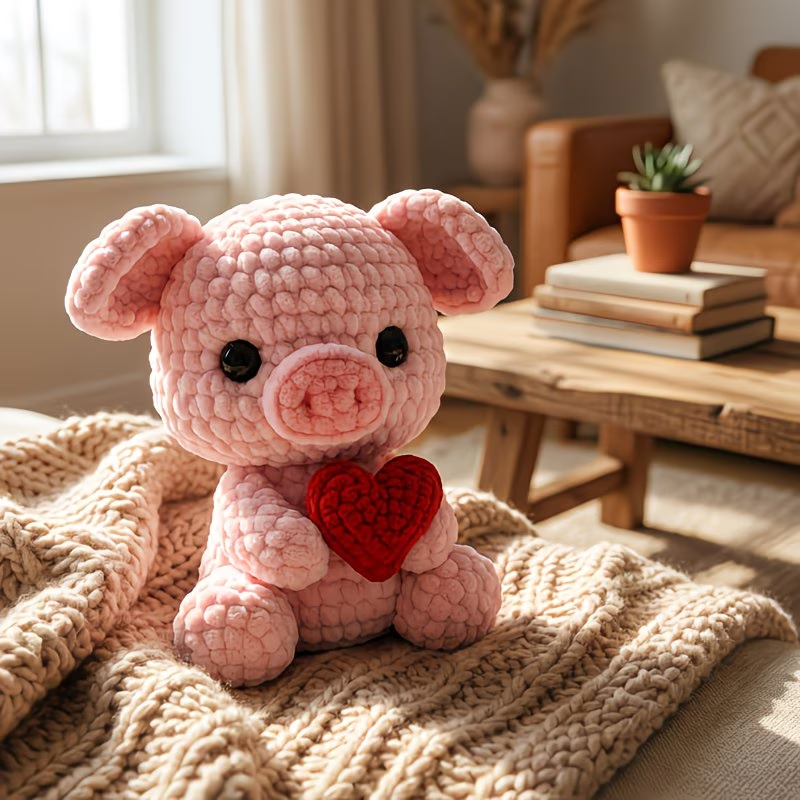 Cute Heart Pig Crochet Plush Kit for Beginners | DIY Amigurumi Stuffed Animal Set with Yarn, Hook & Step-by-Step Tutorial | Sweet Handmade Gift for Pig Lovers
