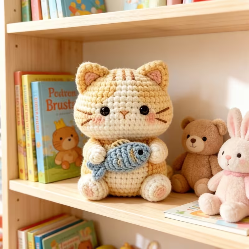 1pc Complete DIY Cat with Fish Crochet Kit Suitable for Beginners, Amigurumi Craft Set with Yarn, Tools & Tutorial - Handmade Orange Kitten Plush, Yarn & Hooked Crochet Project for Kids Adults, Easy Start Gift for Crafters