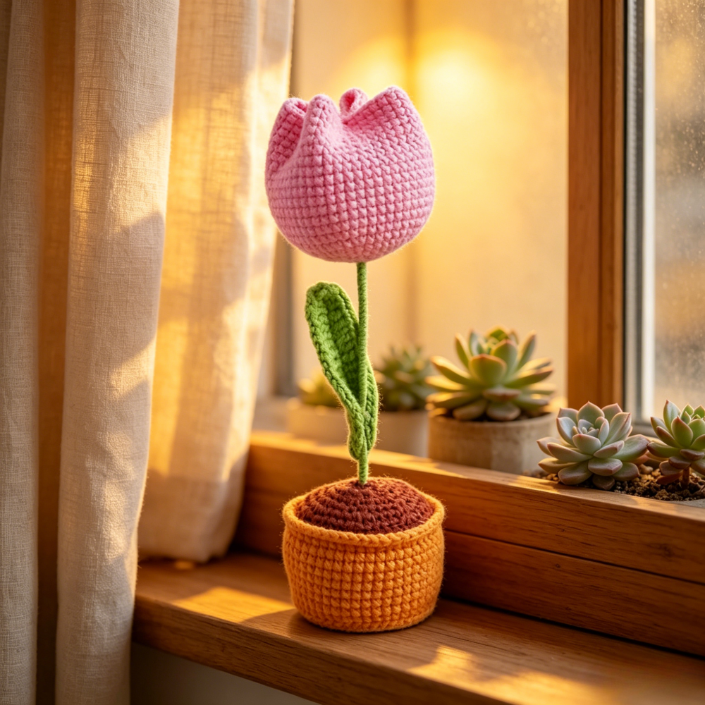 Beginner Friendly Tulip Crochet Kit, Potted Pink Tulip Amigurumi Crochet Starter Kit with Yarn, Hook, Needle & Accessories, Complete DIY Craft Set with Tutorial for Adults & Kids, Perfect Home Decor & Handmade Gift