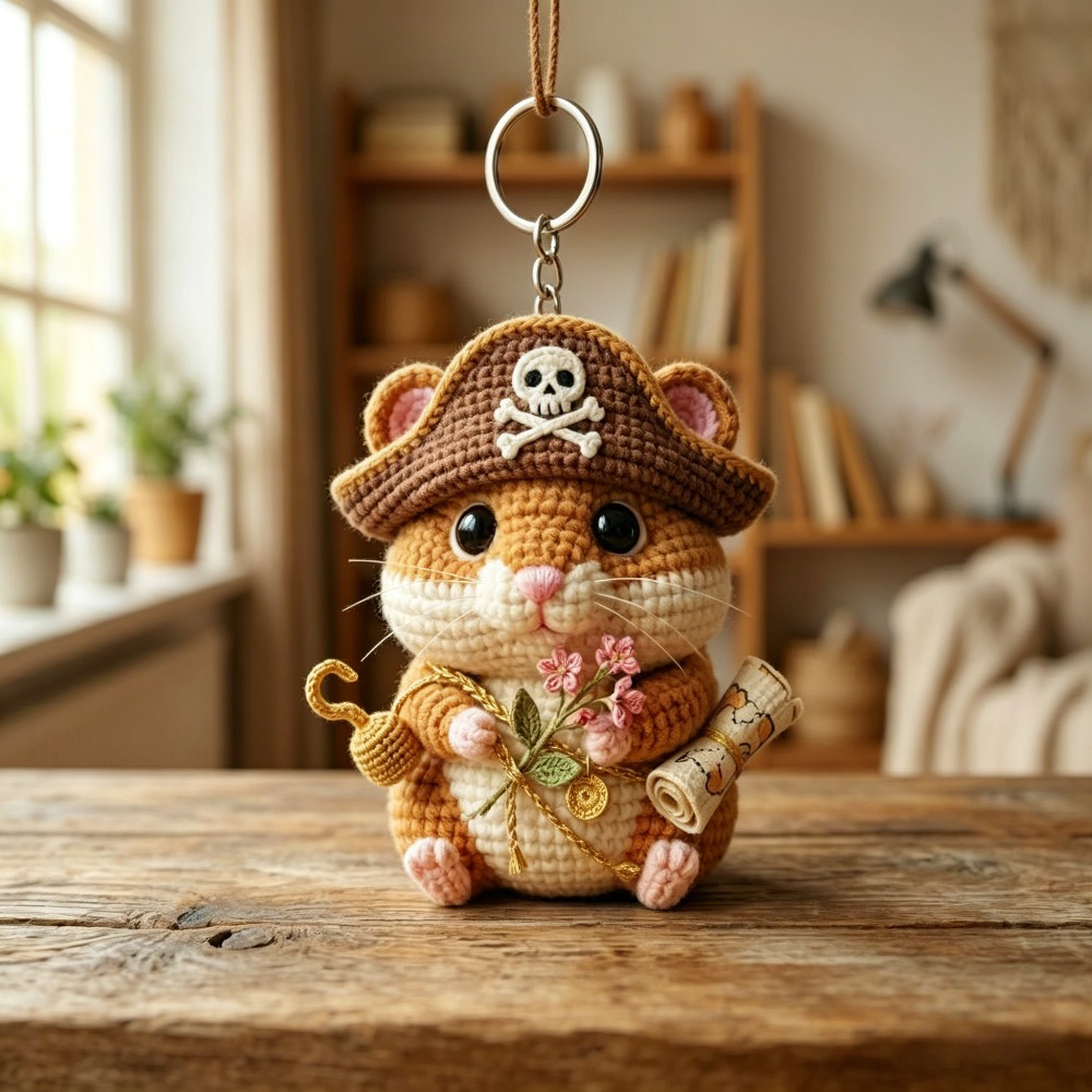 Adorable Hamster Crochet Kit, Full Amigurumi Pet Doll Craft Set with All Supplies: Soft Yarn, Hook, Safety Eyes, Fluffy Stuffing & Tutorial, Handmade Knitted Hamster Plush with Book/Flower/Pirate Style, Great Gift for Animal Lovers, Home Decor