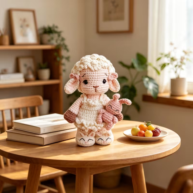 1pc Complete DIY Crochet Amigurumi Lamb & Bunny Kit Suitable for Beginners with Yarn, Tools & Step-by-Step Instructions - Handmade Sheep Doll Plush Craft Project, Pink Bunny Toy Gift for Kids, Nursery Decor, Adults & Crafters