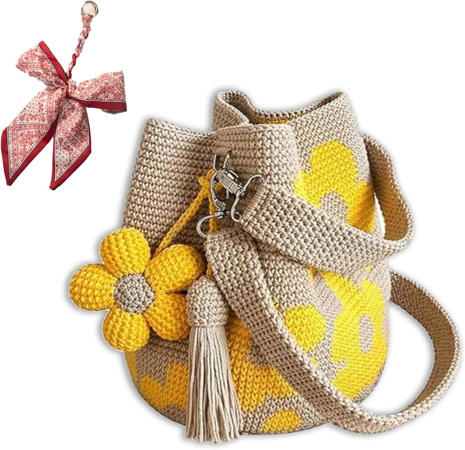 Handmade Crochet Flower Tote Knit, Summer Vacation Travel Floral Purse Bag, Boho Beach Handbags, for Women Vacation