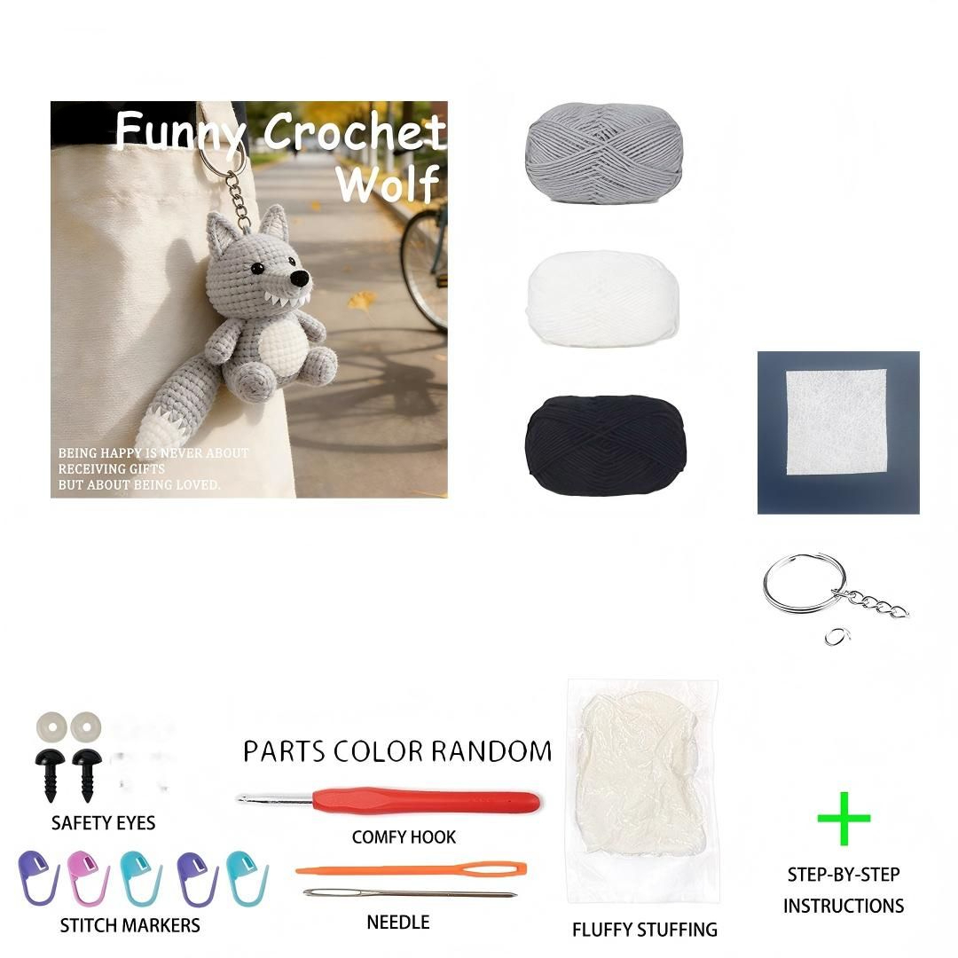 Beginner Friendly Wolf Keychain Crochet Kit, Cute Mini Wolf Amigurumi Crochet Starter Kit with Yarn, Hook, Needle & Accessories, Complete DIY Craft Set with Tutorial for Adults & Kids, Perfect Bag Charm & Handmade Gift