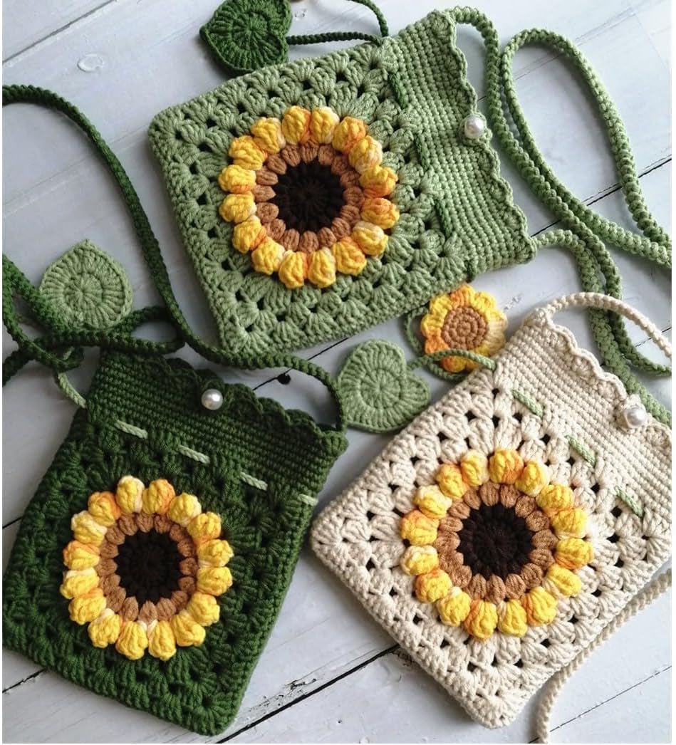 Handmade Crochet Sunflower Blossom Phone Bag Knitted Bag for Women, A-mint green