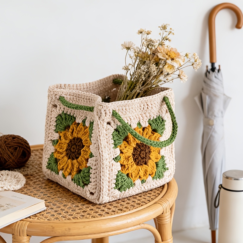 Complete DIY Crochet Sunflower Handbag Craft Kit Suitable for Women's Handmade Making with Yarn, Hook & Buttons - - Crochet Book/Video Tutorial Guide, English Instructions for Adult Beginners, Birthday Gift (No Finished Product)