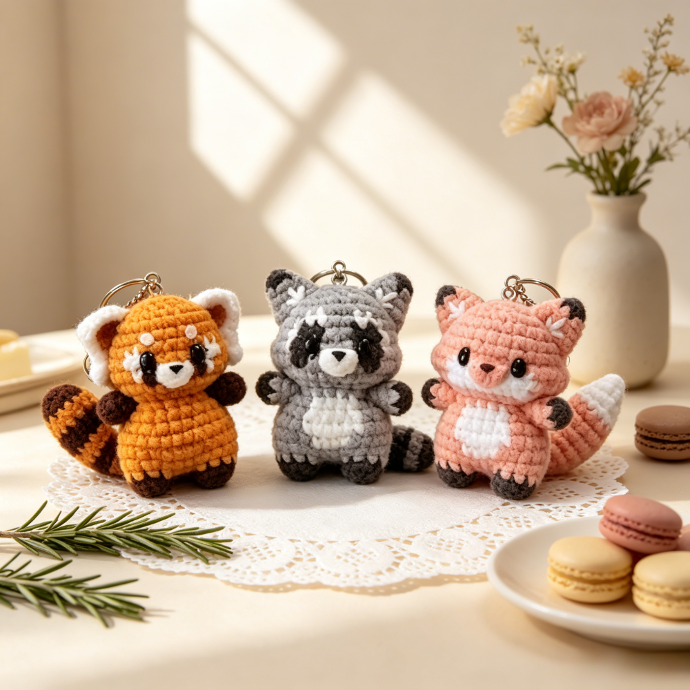 Beginner Friendly 3PCS Forest Animals Crochet Kit, Mini Red Panda, Raccoon & Fox Keychain Amigurumi Crochet Starter Kit with All Yarn, Hook, Needle & Accessories, Complete DIY Craft Set with Tutorial for Adults & Kids, Perfect Bag Charm & Handmade Gift