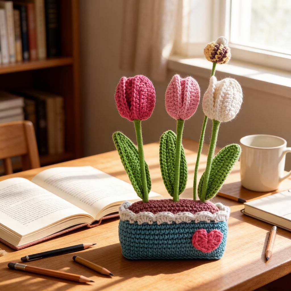 Beginner Friendly Crochet Kit, Potted Tulip Flowers Amigurumi Crochet Starter Kit with Yarn, Hook, Needle & Accessories, Complete DIY Craft Set with Tutorial for Adults & Kids, Perfect Home Decor & Handmade Gift