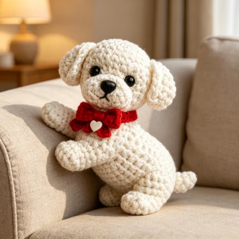 1pc Cute Puppy Crochet Kit for Beginners, Complete DIY Amigurumi Set with Yarn, Tools & Tutorial, Handmade Knitted White Dog with Red Bow, Perfect Gift for Kids & Adults, Easy to Start Crochet Project for Craft Lovers