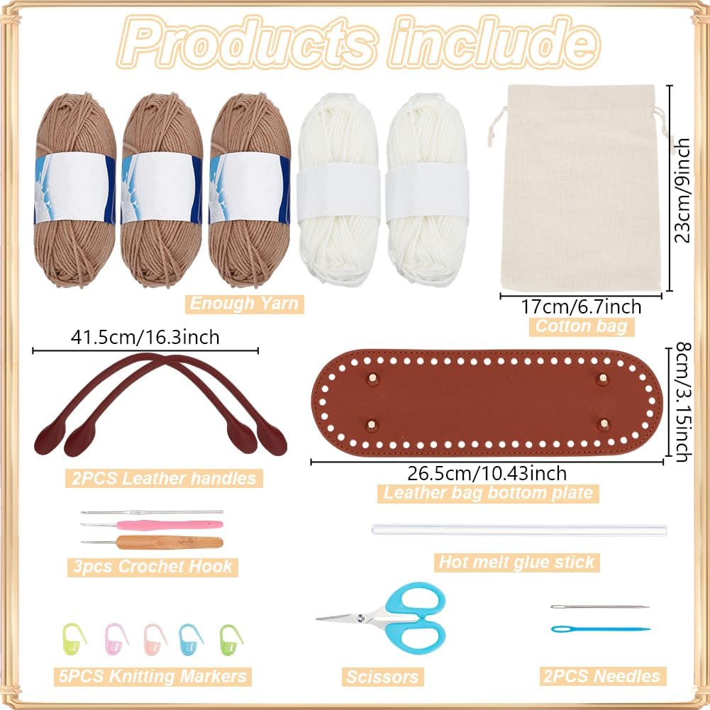 DIY Crochet Handbag Kit for Beginners, Khaki Striped Crochet Bag with PU Leather Band and Base, Complete Crochet Set to Make a Bag, Include Yarn, Crochet Hooks, Markers and Instruction