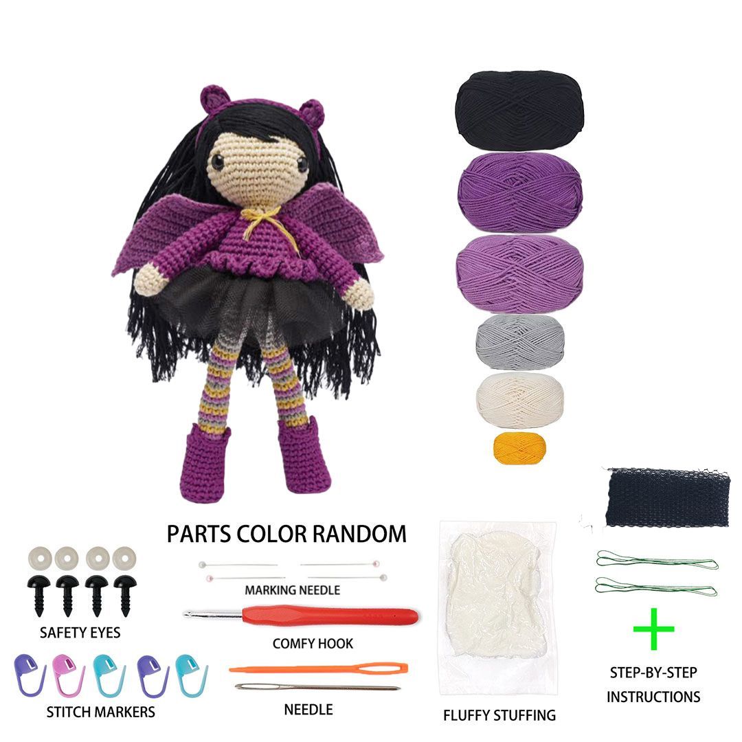 Purple Bat Girl Crochet Plush Kit for Beginners | DIY Amigurumi Stuffed Doll Set with Yarn, Hook & Step-by-Step Tutorial | Cute Handmade Gift for Fantasy Lovers