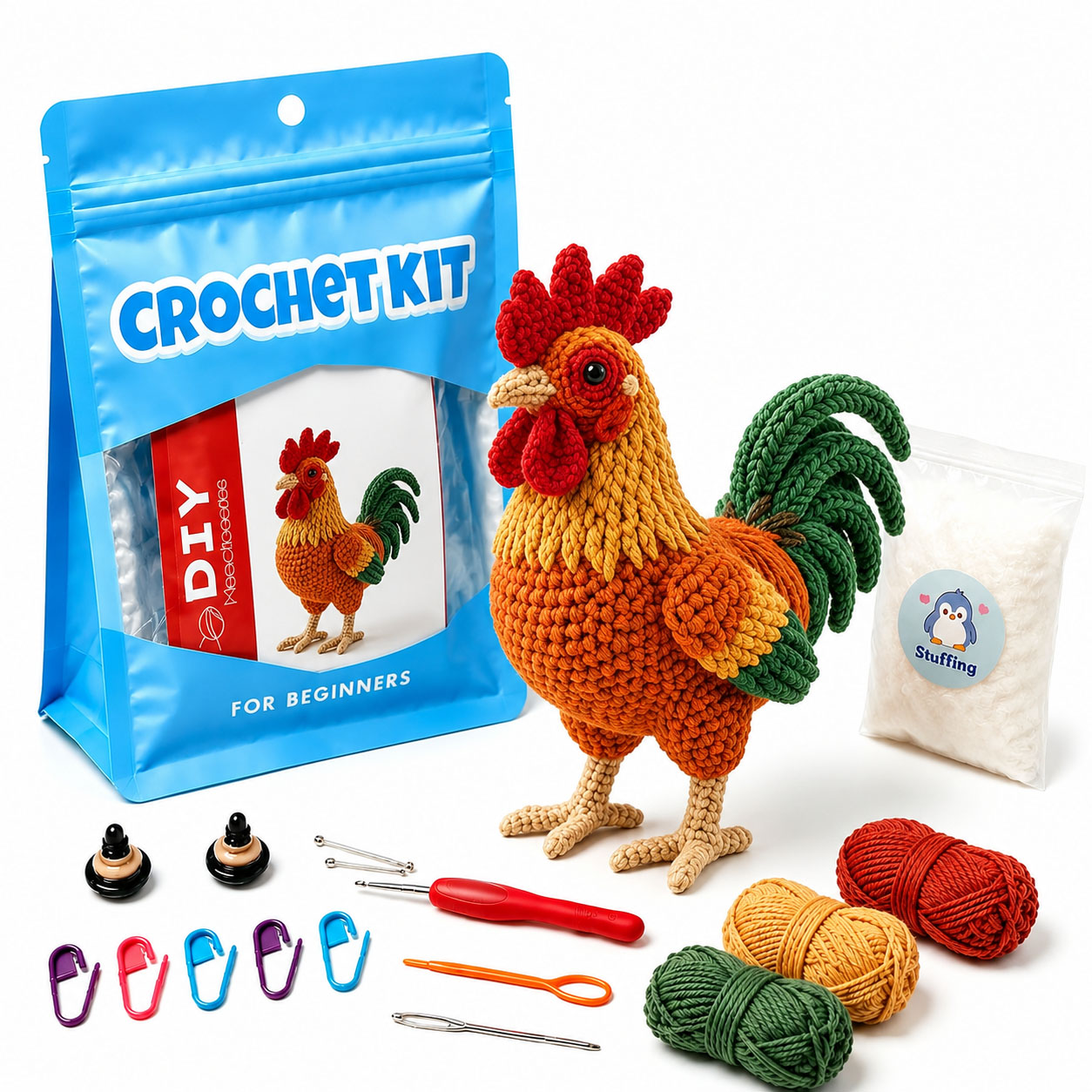 Crochet Kit for Beginners, DIY Rooster Amigurumi Crochet Kit with Step-by-Step Instructions, Complete Starter Kit with Yarn, Hooks & Accessories for Adults Kids, Handmade Craft Gift