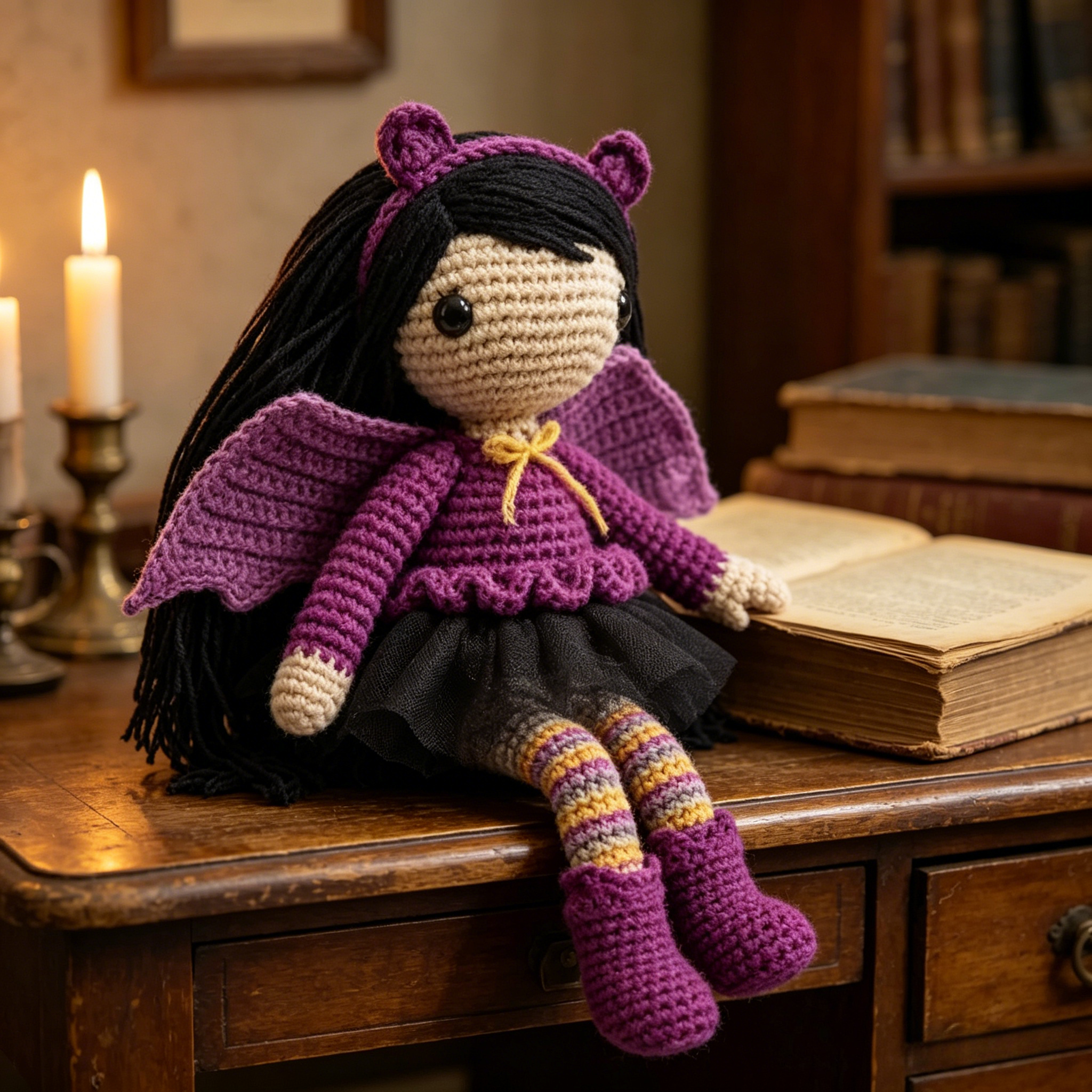 Purple Bat Girl Crochet Plush Kit for Beginners | DIY Amigurumi Stuffed Doll Set with Yarn, Hook & Step-by-Step Tutorial | Cute Handmade Gift for Fantasy Lovers