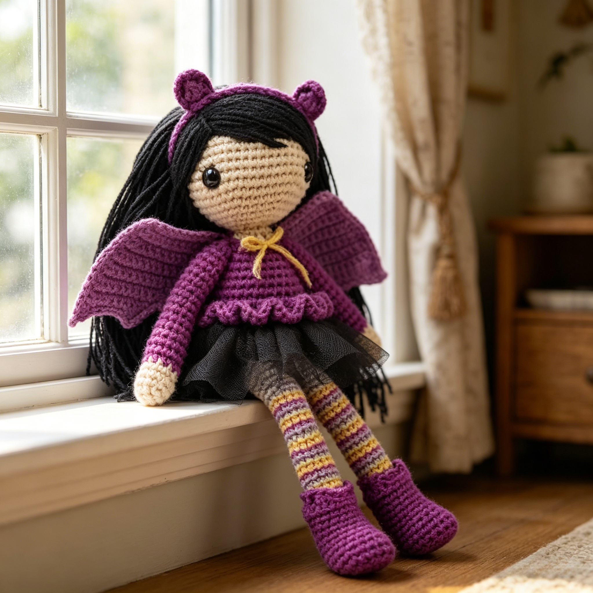 Purple Bat Girl Crochet Plush Kit for Beginners | DIY Amigurumi Stuffed Doll Set with Yarn, Hook & Step-by-Step Tutorial | Cute Handmade Gift for Fantasy Lovers