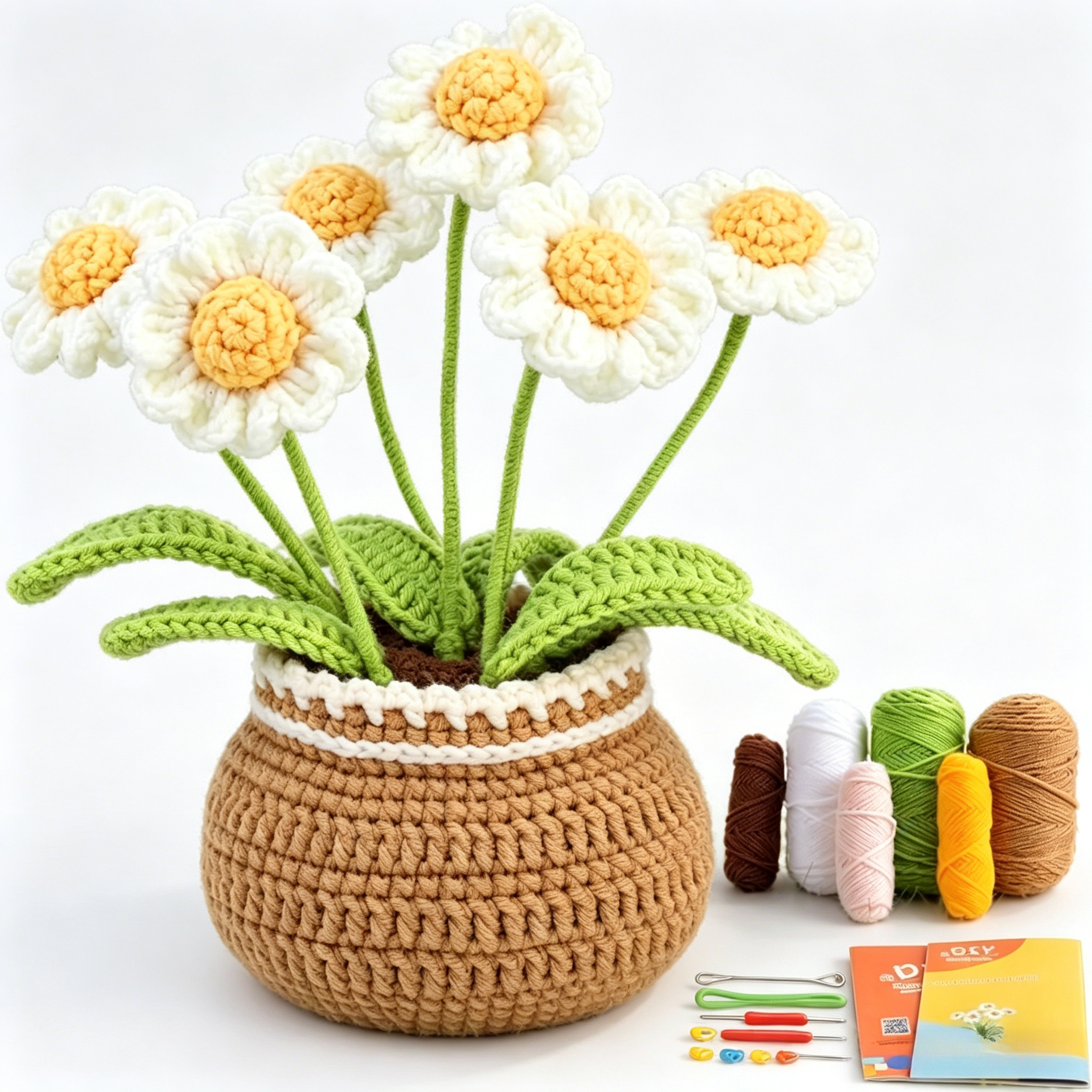 Daisy Flower Pot Crochet Kit for Beginners | DIY Amigurumi Potted Daisy Bouquet Set with Yarn, Hook & Step-by-Step Tutorial | Cute Handmade Gift for Plant Lovers