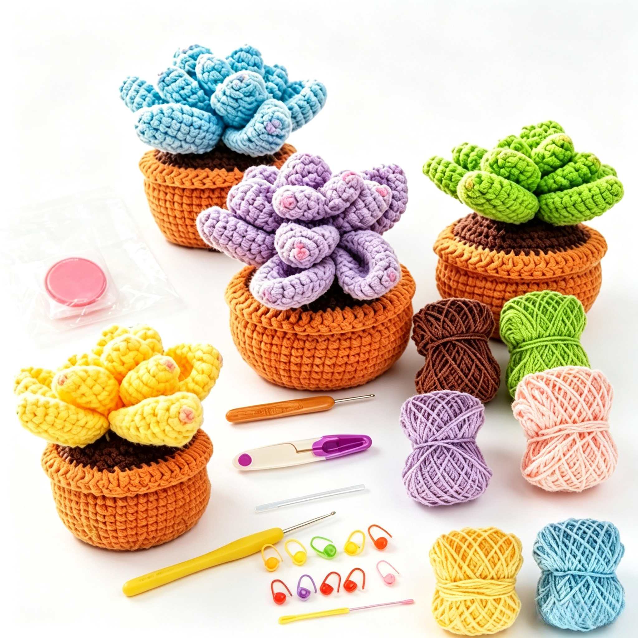 Succulent Crochet Kit for Beginners | DIY Amigurumi Planter Set with Yarn, Hooks & Step-by-Step Video Tutorial | 5 Adorable Succulent Pots Hookcrafted