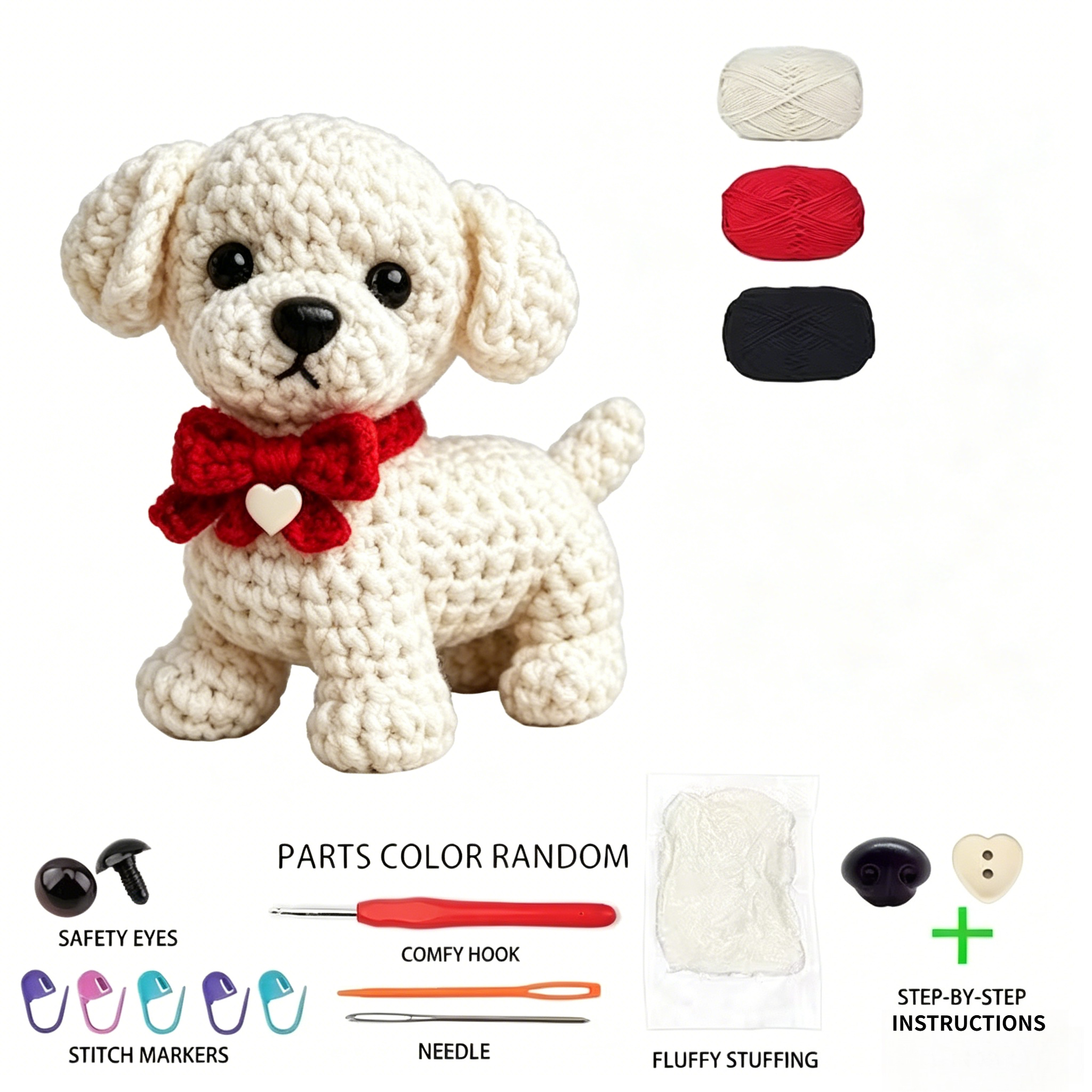 1pc Cute Puppy Crochet Kit for Beginners, Complete DIY Amigurumi Set with Yarn, Tools & Tutorial, Handmade Knitted White Dog with Red Bow, Perfect Gift for Kids & Adults, Easy to Start Crochet Project for Craft Lovers