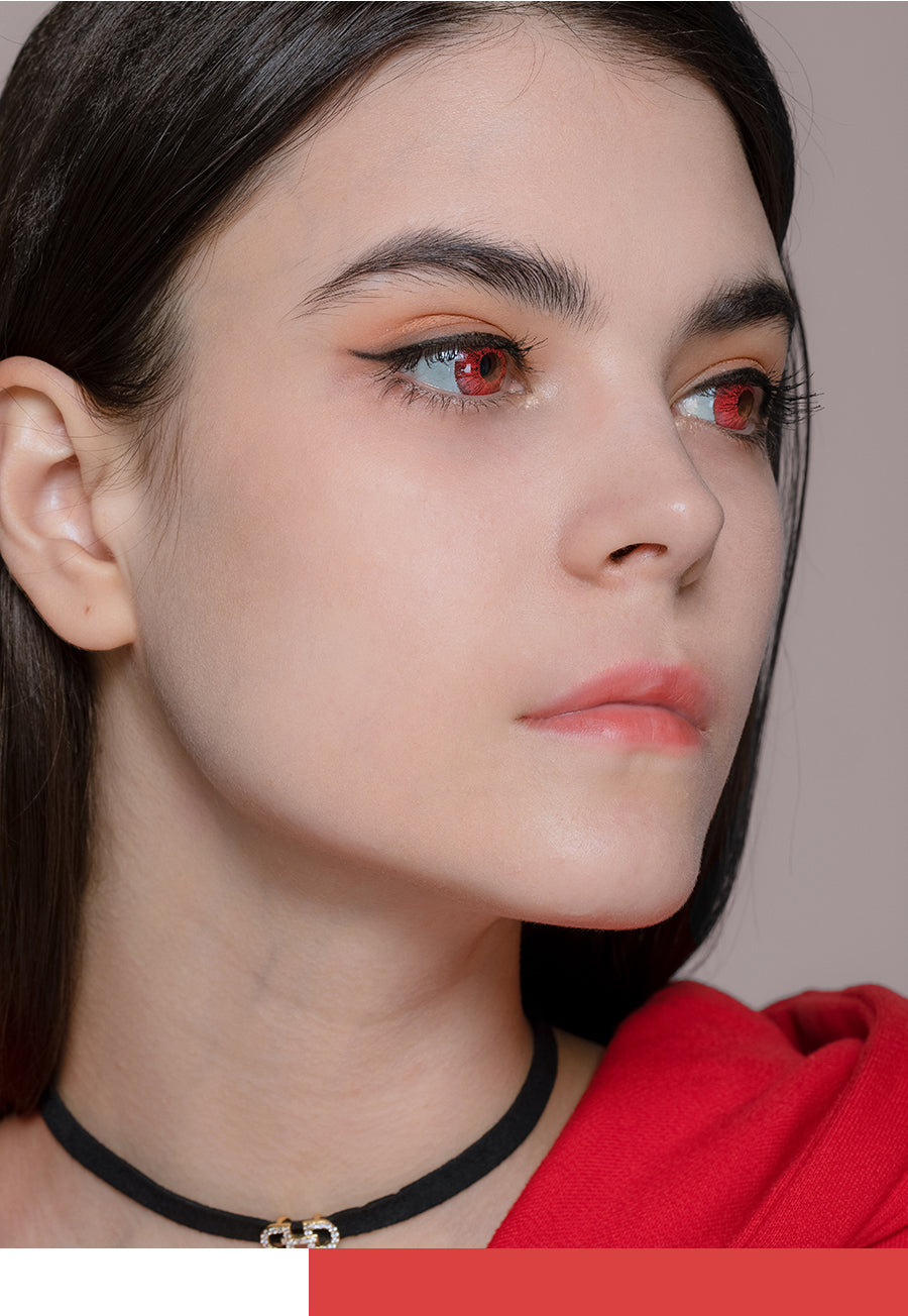 Super Series Bright Red colored contact on model from side look