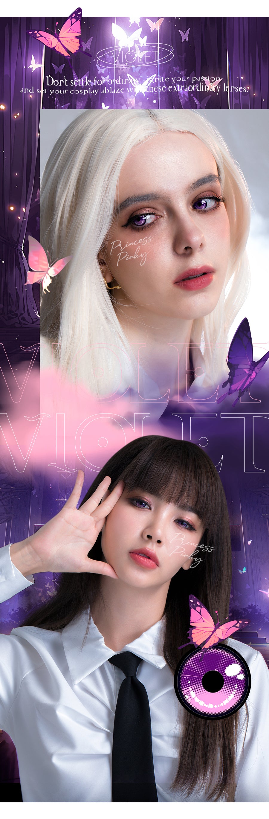 elevate your cosplay game with Princess Pinky Obsidian violet colored contacts