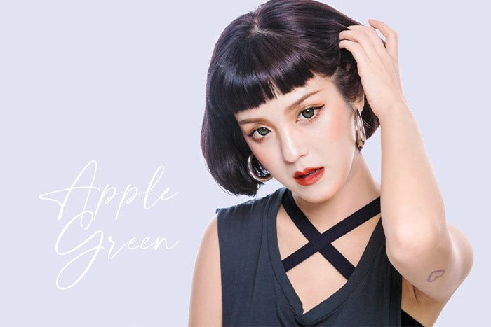 Princess Mimi Apple Green in close up model short hair