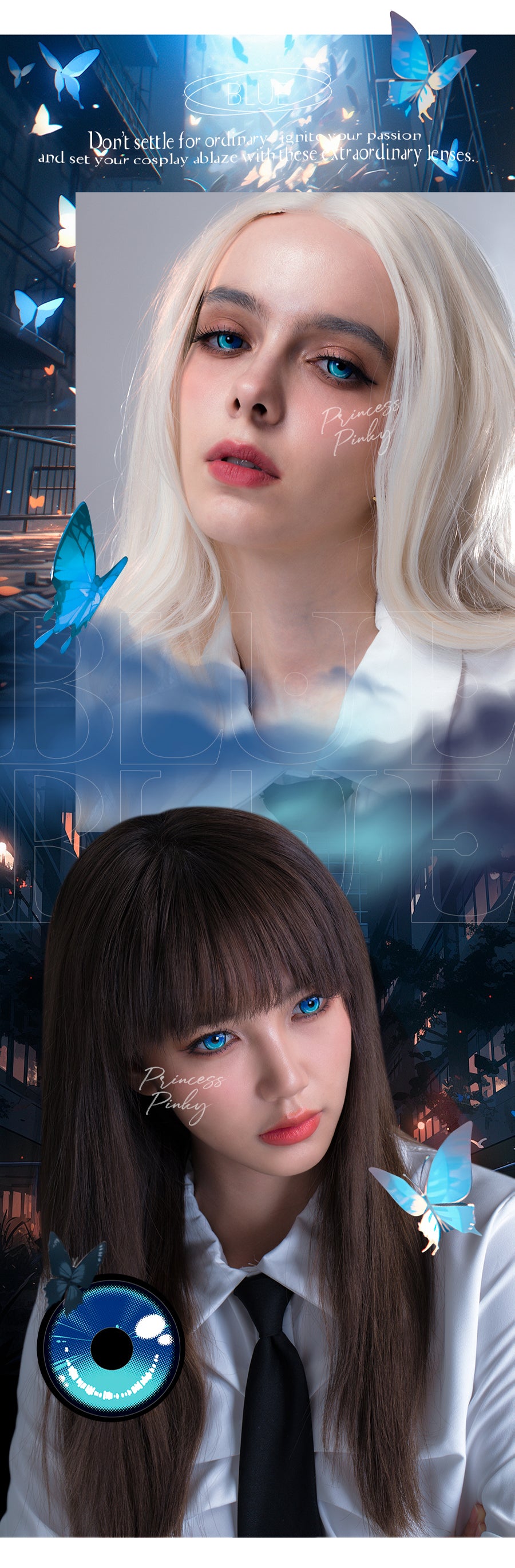 elevate your cosplay game with Princess Pinky Obsidian blue colored contacts