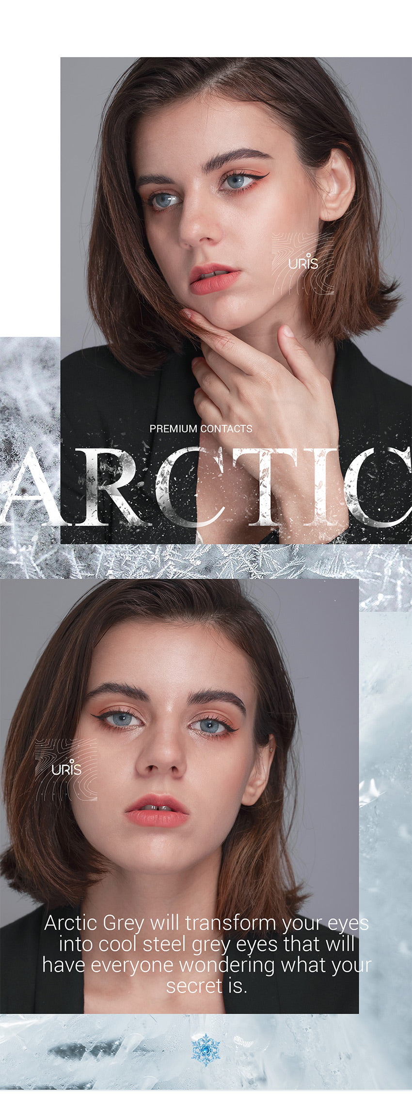 Model wearing Uris Arctic grey Colored Contacts
