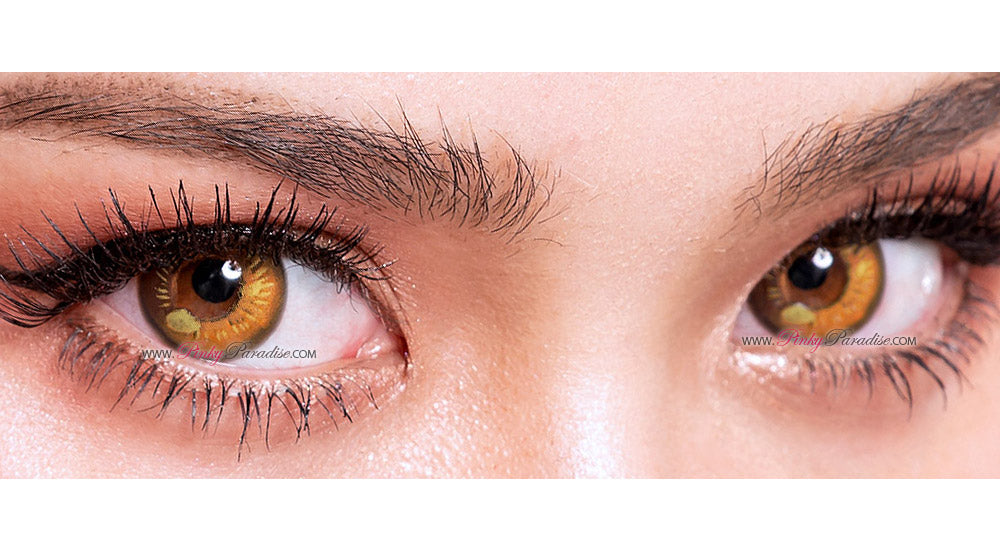 Close up shot of Princess Pinky Lunar Earth brown circle lenses for cosplay