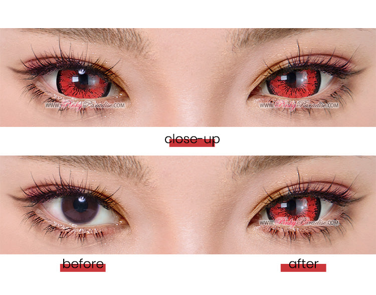 Close-up of Dolly Plus Red Mini Sclera lenses with vibrant red color and black limbal ring