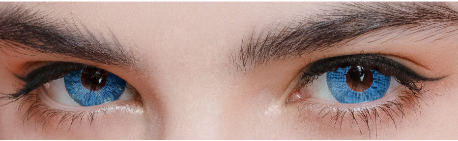 Super Blue colored contact close up