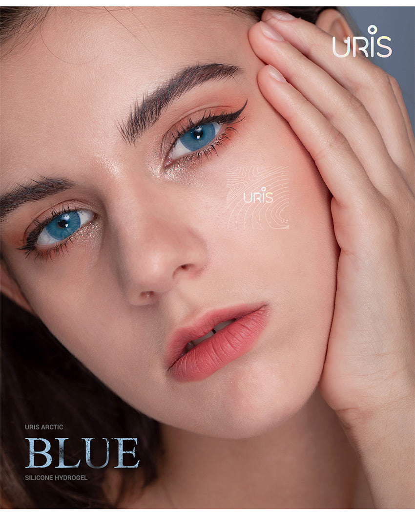 Close up of natural Uris Arctic Blue colored contact lenses on eyes